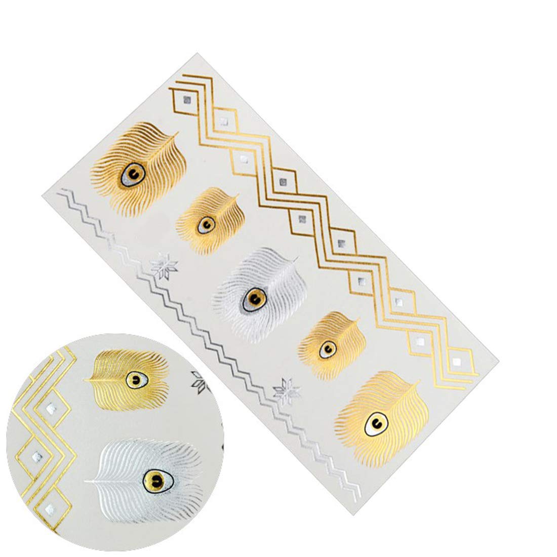 S.A.V.I 3D Temporary Tattoo Golden And Silver Metallic Sticker Peacock Feathers Wrist Arm Design Size 21x10CM - 1PC.