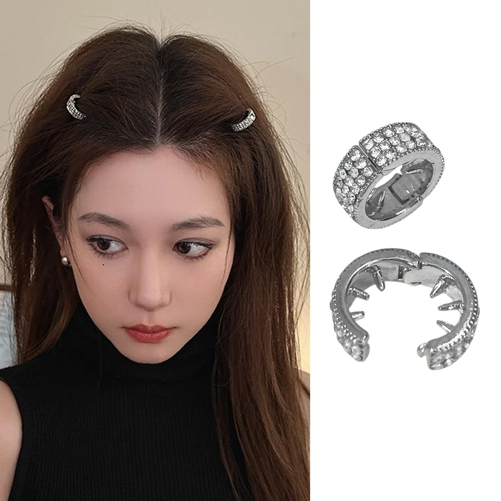 S.A.V.I 2 Pcs Silver Rhinestone Hair Ring Clips for Women & Girls | 1.5cm Round Metal Crystal Hair Pins | Stylish Sparkling Hair Accessories for Party, Wedding & Daily