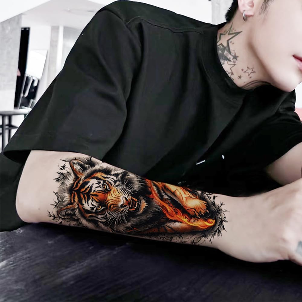 S.A.V.I 3 Majestic Lion & Tiger Temporary Tattoo Sheets for Men & Women | Large 21x11cm Arm Sleeve Stickers | Realistic Black & Orange Flame Body Art | Safe, Non-Toxic & Long Lasting (Wild-1)