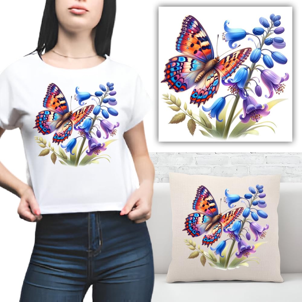 S.A.V.I 1PC Butterfly Floral Heat Transfer Patch | DIY Iron-On Applique for T-Shirts, Hoodies, Jeans, Backpacks Pillows | Washable, Vibrant 8.5x7.5 Inch Sticker | Easy Fabric Decoration