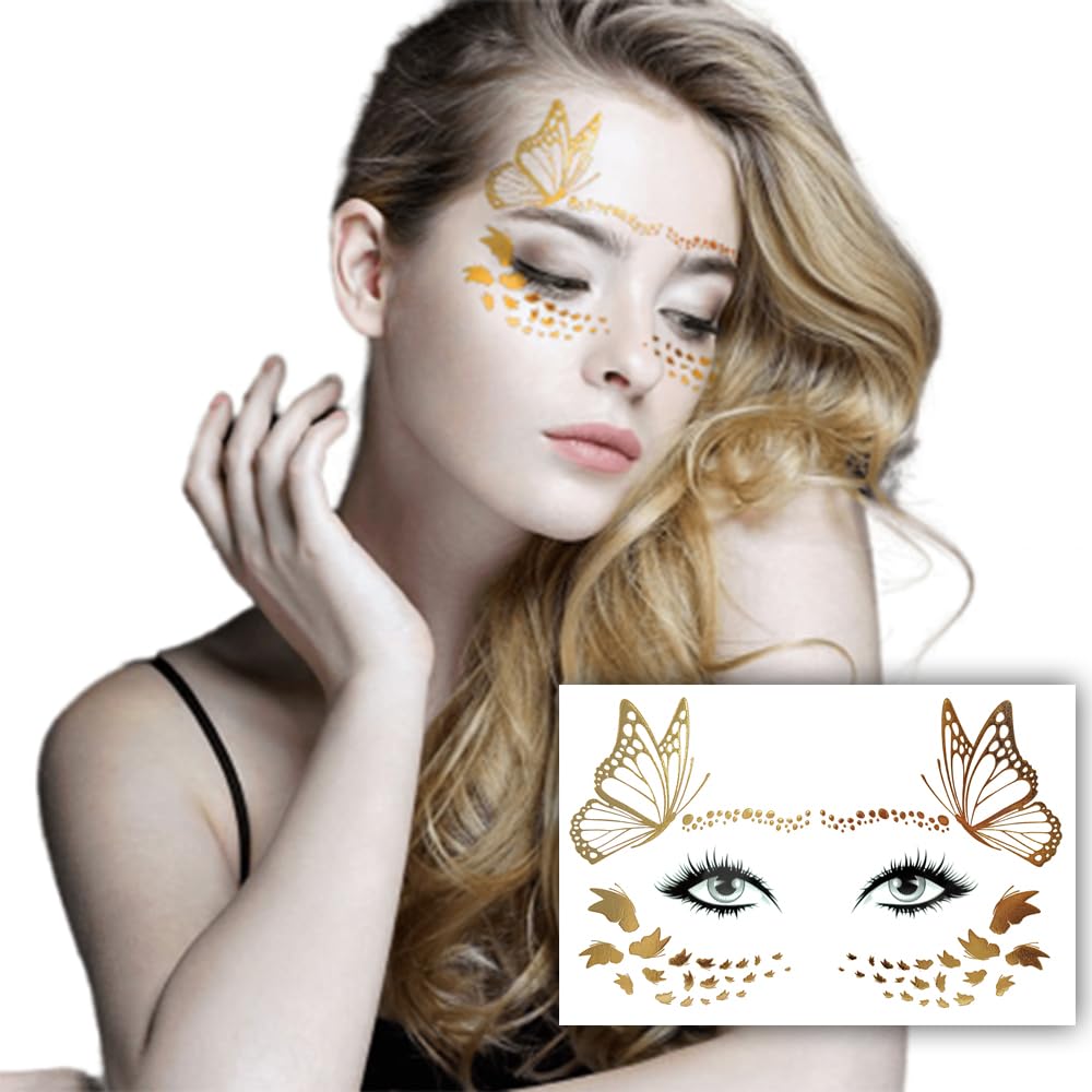 S.A.V.I Metallic Gold Freckle Temporary Tattoo Sticker - Face Makeup for Women Girls, Size-21x15 cm