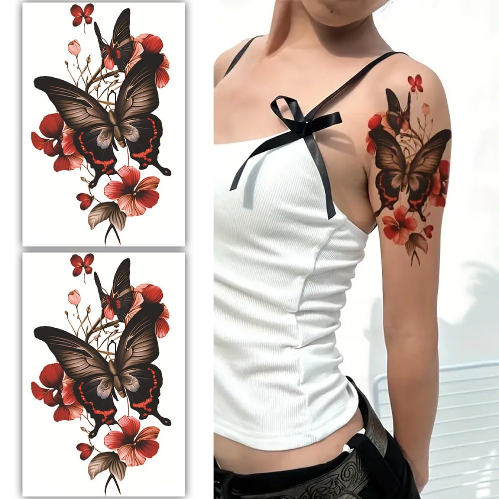 S.A.V.I 2 Sheets Large Temporary Tattoo for Women - Black Butterfly Red Floral Design (19x12cm) | Waterproof, Long-Lasting Body Art for Shoulder, Arm Back | Easy Application Removal