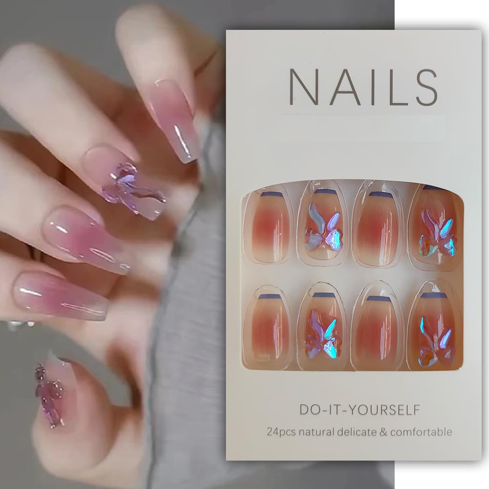 S.A.V.I 24 PCS - 3D Crystal Coffin Nails Medium, Press-On, Reusable with Glue Tape