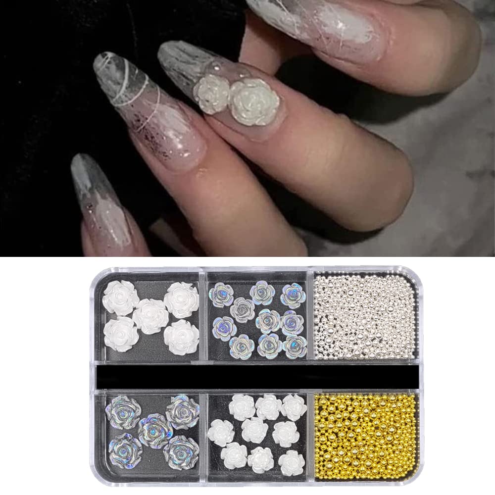 S.A.V.I 6-Grid 3D Rose Nail Art Decorations Kit - DIY Manicure Accessories for Women Girls - Trendy White Clear Flowers