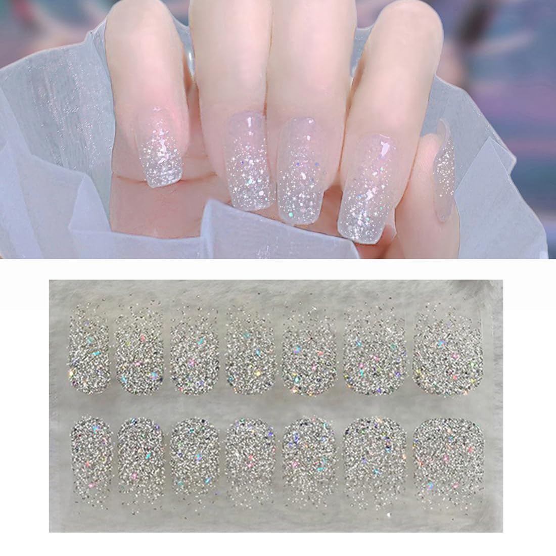 S.A.V.I Silver Glitter Ombre Nail Stickers - 14 PCS Gel Effect, Self-Adhesive Easy Use