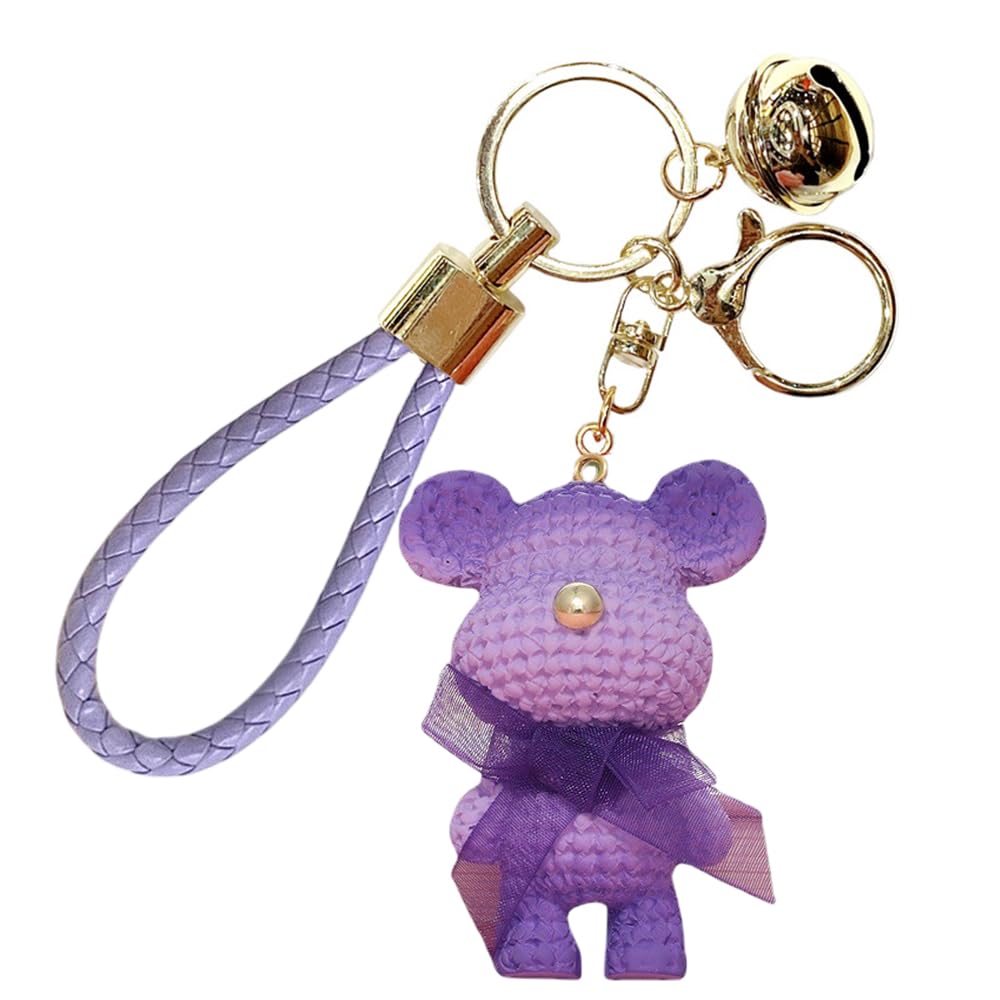 S.A.V.I Purple Teddy Bear Keychain | Resin Charm with Crochet Texture, PU Leather Strap & Golden Bell | for Girls, Women | Durable Metal Ring for Handbags, Car, Bike & Home Keys (Purple)