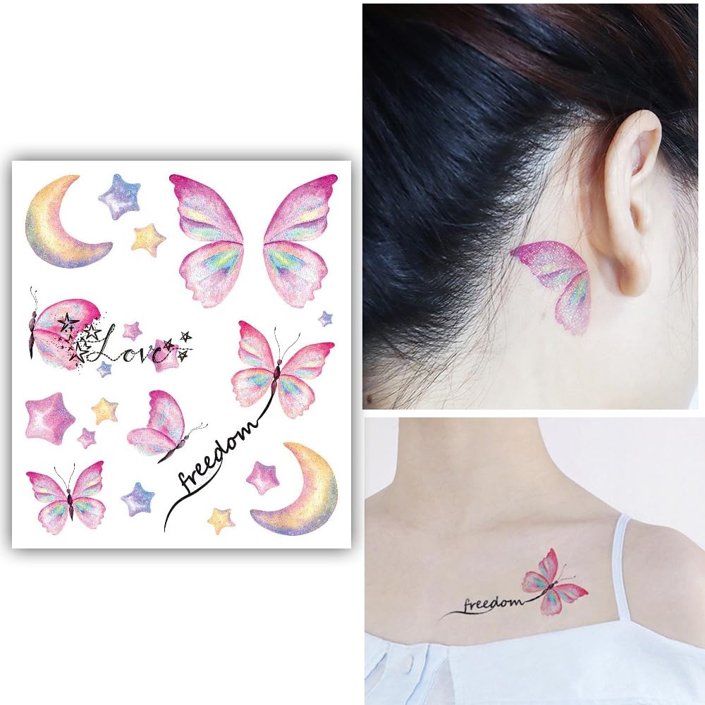 S.A.V.I Glitter Temporary Tattoo - Butterfly, Stars Moon with Love Text - Waterproof for Women Girls