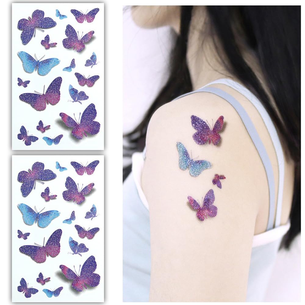 S.A.V.I 2pcs Glittery Butterfly Temporary Tattoo Stickers, Sparkling Purple Blue, Waterproof Body Art for Kids Adults, 7.5x12 cm, for Parties, Festivals, Gifts