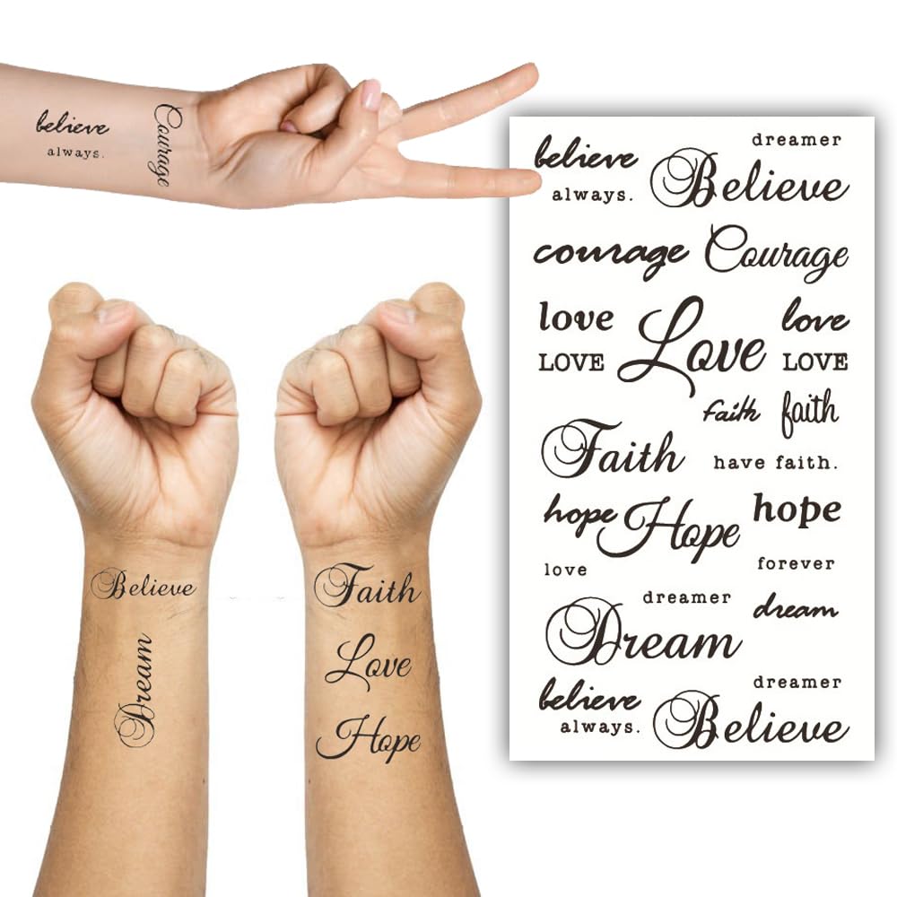 S.A.V.I Believe Love Faith Hope Dream Text Waterproof Temporary Tattoo Sticker 21x10cm for Men Women
