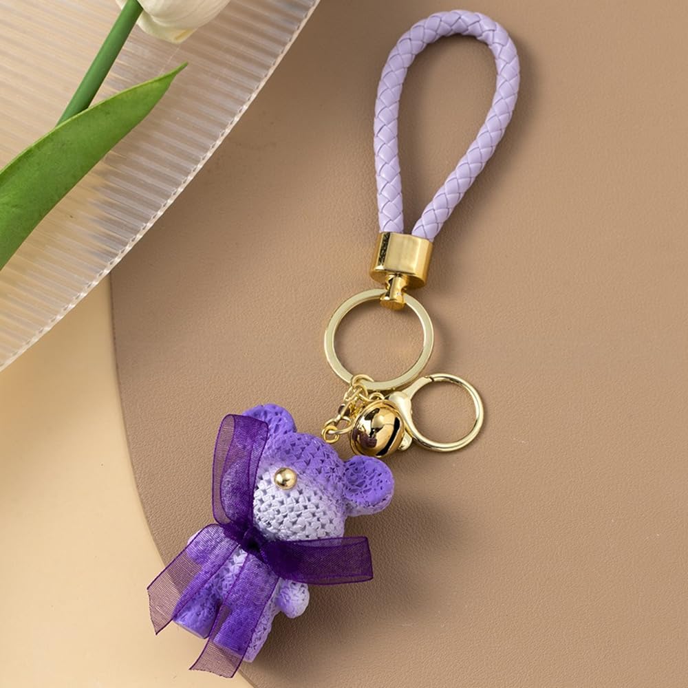 S.A.V.I Purple Teddy Bear Keychain | Resin Charm with Crochet Texture, PU Leather Strap & Golden Bell | for Girls, Women | Durable Metal Ring for Handbags, Car, Bike & Home Keys (Purple)