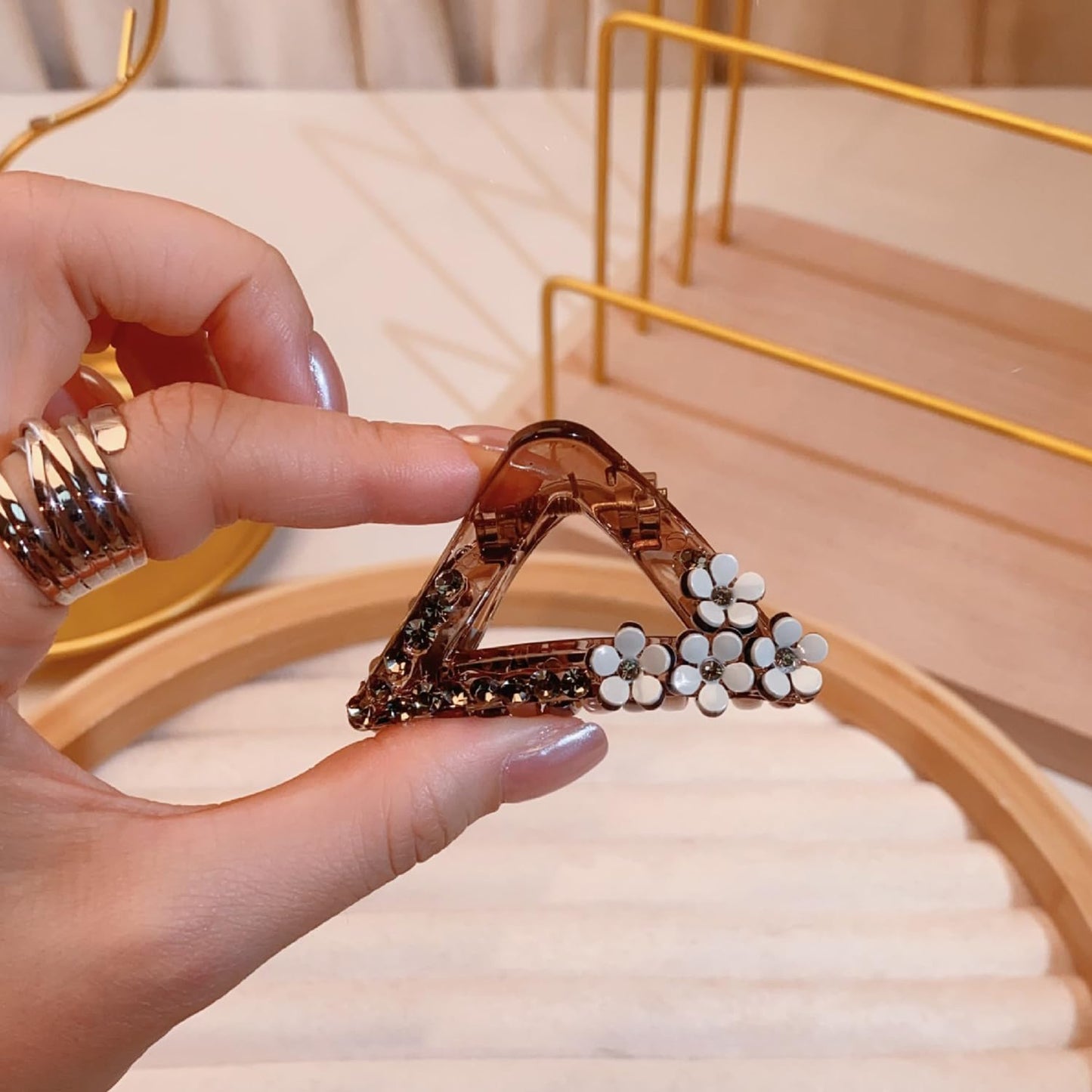 S.A.V.I Brown Triangle Hair Claw Clip for Women & Girls | Small 5.5cm Plastic Clutcher with Floral & Rhinestone Design | Stylish Daily & Party Hair Accessory | Non-Slip Grip