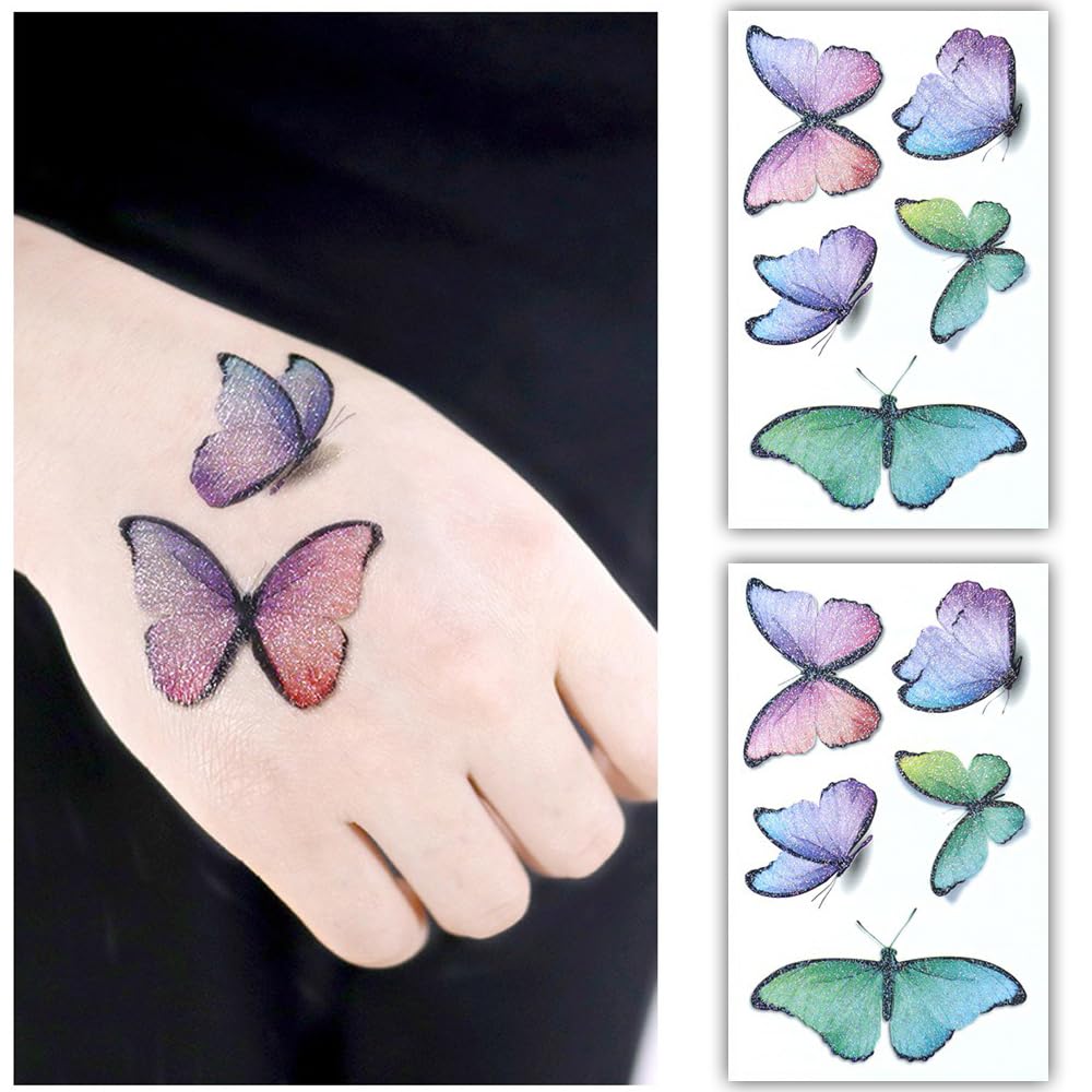 S.A.V.I 2pcs Glittery Butterfly Temporary Tattoo Stickers – Multicolor Purple, Pink, Green Blue, Waterproof, Sparkling Glitter Finish, 7.5x12 cm, Long-Lasting Tattoos for Kids Adults