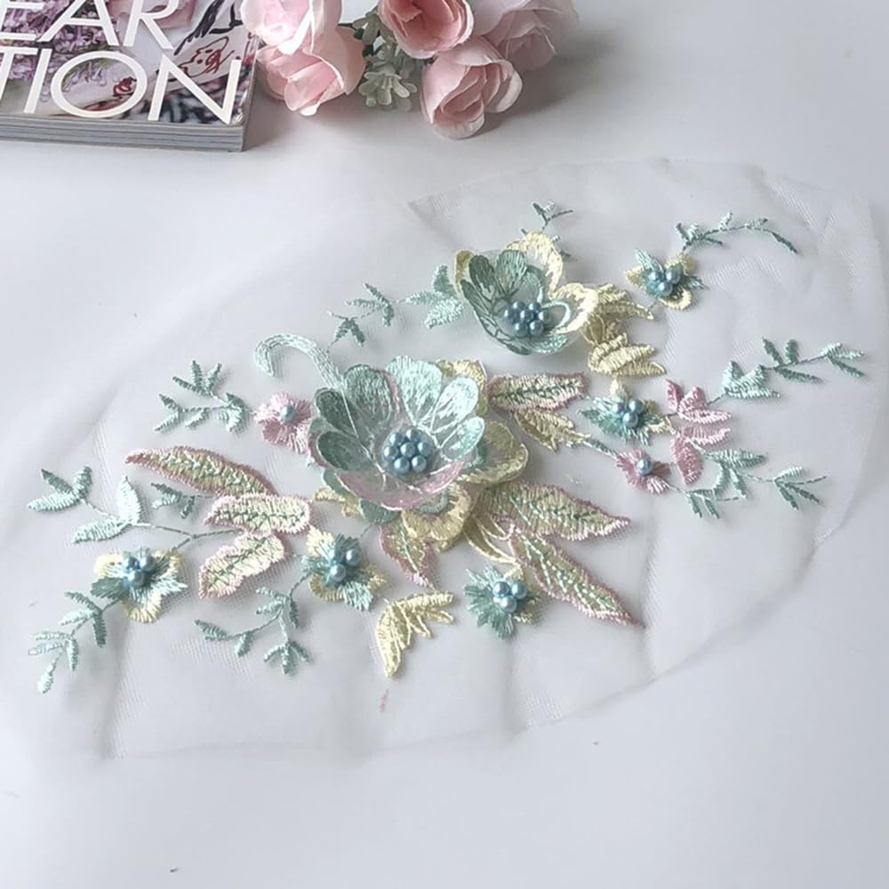 S.A.V.I 1PC 3D Flower Beaded Mesh Lace Fabric with Butterfly Embroidery Applique | Sew-on for Wedding Dress Decoration | Elegant Bridal Fabric | Best Crafting Material (Green)