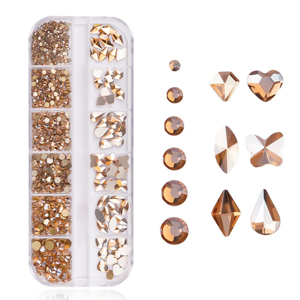 S.A.V.I Champagne Gold Nail Art Rhinestones Set – 12 Grid Flatback Glass Crystals for Nails | 3D Nail Gems | 6 Shapes & Sizes for DIY Nail Art, Manicure & Decoration