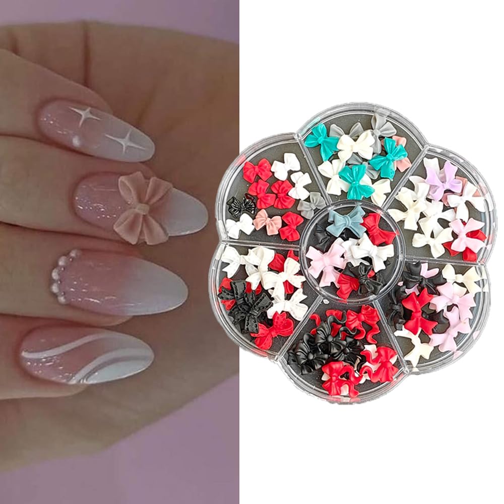 S.A.V.I 70 Pcs 3D Bow Nail Art Decorations Set – Mixed Colour Acrylic Bows in Multiple Sizes & Shapes, Round Storage Box for DIY Nail Design, Manicure & Salon Nail Accessories