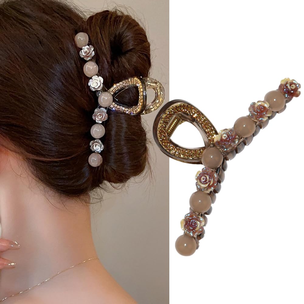 S.A.V.I Elegant Beige Rose Rhinestone Hair Clutch Clip for Women | Stylish Floral Design | Lightweight Durable Hair Styling Accessory | Hair Accessories for Girls