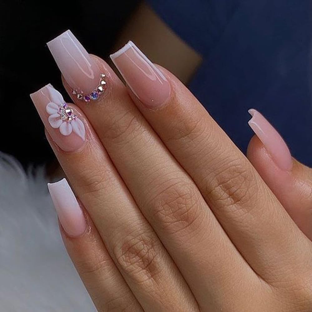 S.A.V.I 3D Self-Adhesive Nail Art Stickers – 2 Sheets Pink & White Floral Embossed Design, Easy Peel & Stick, Long-Lasting Manicure Decoration for DIY Nail Extensions & Professional Salon Use