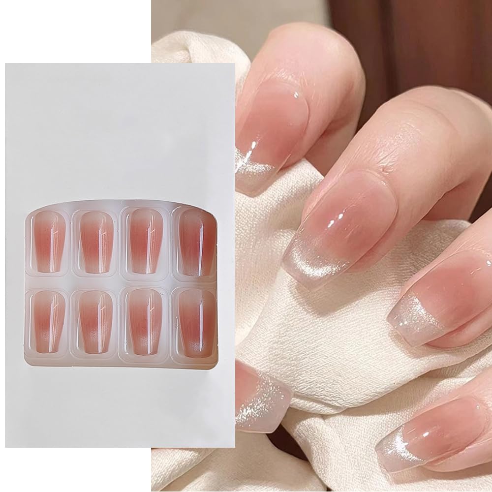 S.A.V.I 24 PCS Nude Pink Blush Cat's Eye Long Coffin Fake Nails – DIY Manicure Kit, Elegant Press-On False Nails, Natural Look, Comfortable Durable Nail Extensions for Women