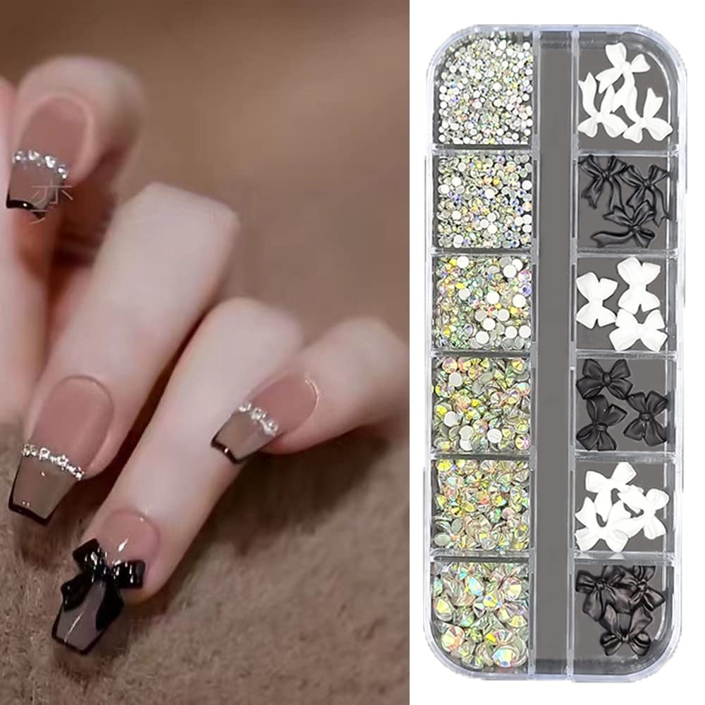 S.A.V.I 12 Grids Box 3D Black White Bowknot AB Glass Rhinestones for Nail Art