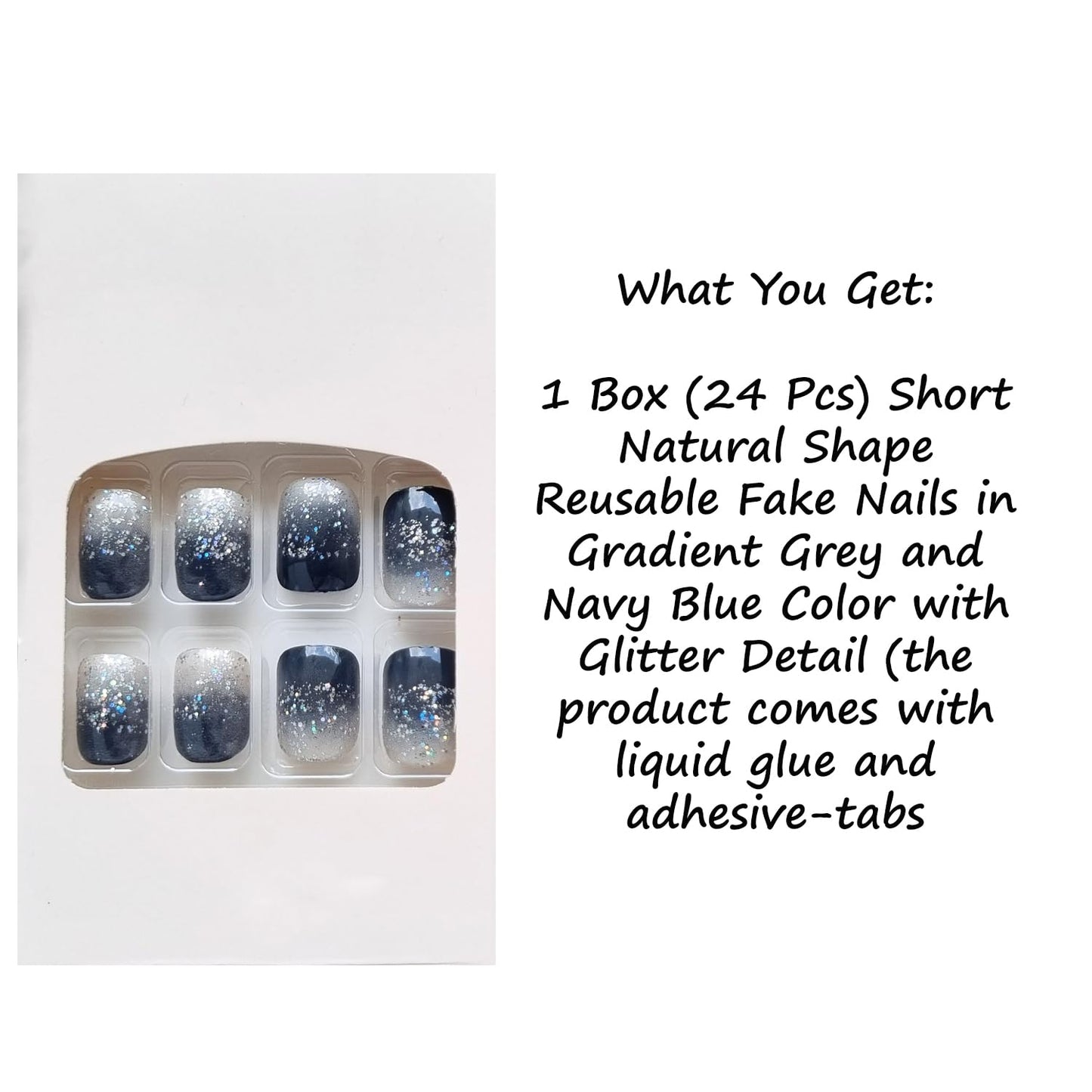 S.A.V.I 24 Pcs Press-On Nails for Women – Gradient Grey & Navy Blue Short Fake Nails with Glitter | Glossy Natural Shape Reusable Nail Art Kit | Includes Nail Glue & Adhesive Tabs | DIY Manicure