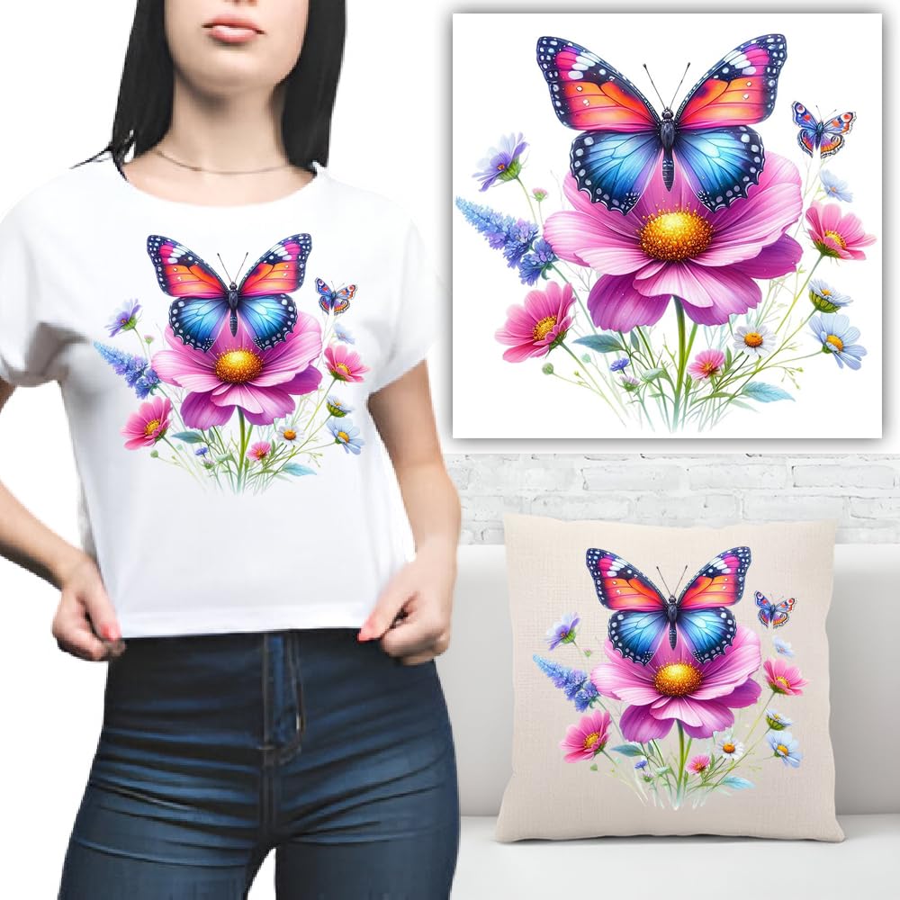 S.A.V.I Vibrant Butterfly Floral Iron-On Patch (8.5x7 Inch) – Heat Transfer Sticker for T-Shirts, Hoodies, Bags, Pillows – DIY Applique for Clothes Accessories – Washable, Easy to Apply