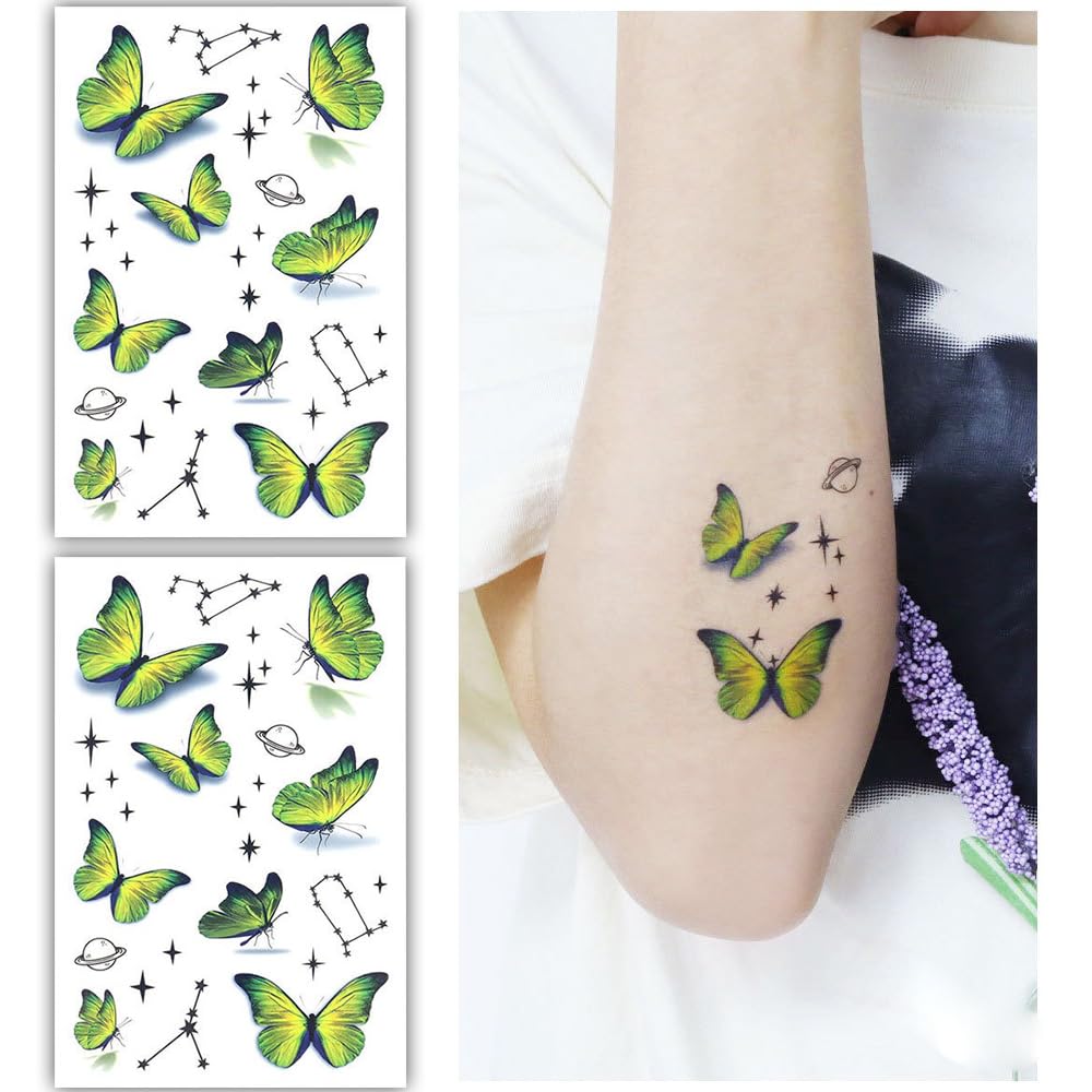S.A.V.I Set of 2 Green Butterfly Temporary Tattoo Sheets 12x7.5 cm | Waterproof Long-lasting | Easy Apply Remove | Ideal for Kids, Parties, Festivals | Perfect Body Art Decoration