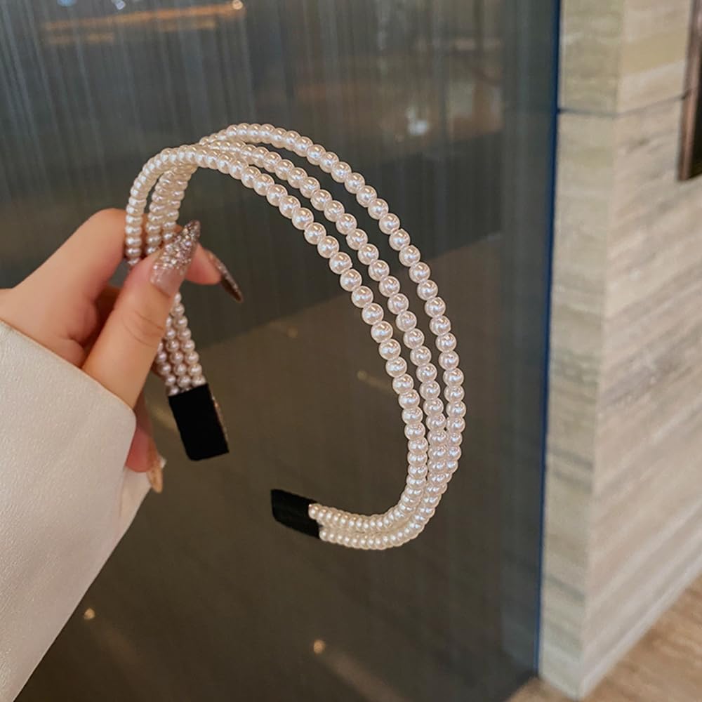 S.A.V.I White Pearl Beaded Triple Layer Hairband for Women & Girls | Stylish Headband for Long Hair | Elegant Hair Accessory for Party & Daily | Fashion Hair Band (12x14 cm)