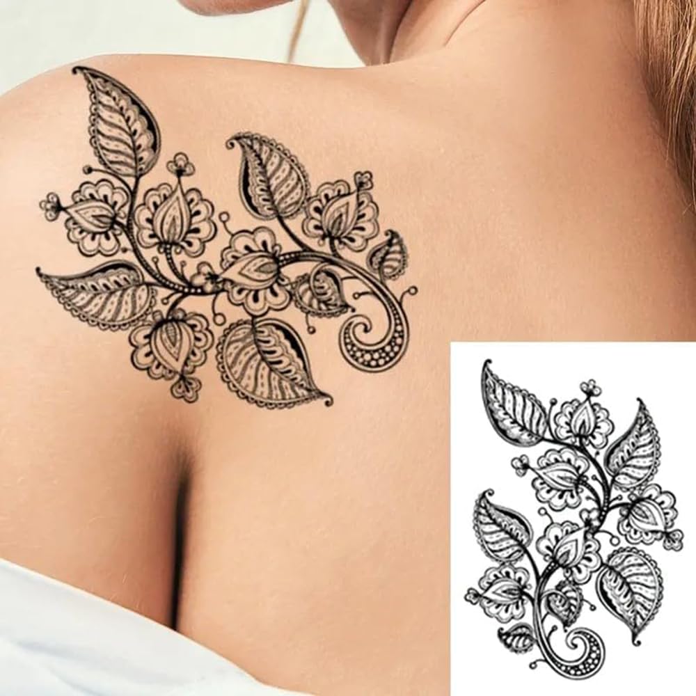 S.A.V.I 30 Pcs Black Floral Temporary Tattoos for Women & Girls | Waterproof, Non-Toxic, Safe Body Art Stickers | Long-Lasting Arm, Shoulder, Back Mehndi Style Design | Easy to Apply & Remove (07)