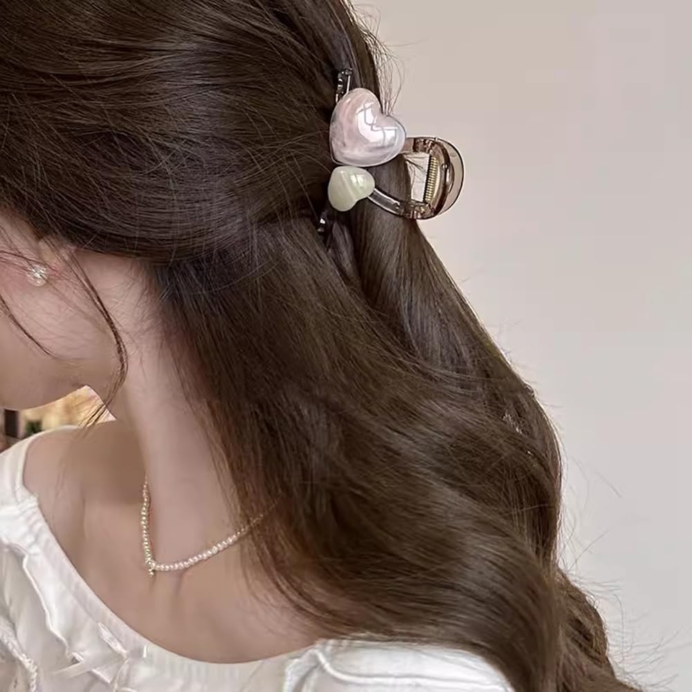 S.A.V.I 8cm Heart Shape Hair Claw Clip for Women & Girls | Pastel Pink & Beige Acrylic Hair Clip | Strong Grip Clutcher for Thick Hair | Stylish Daily & Party Hair Accessory