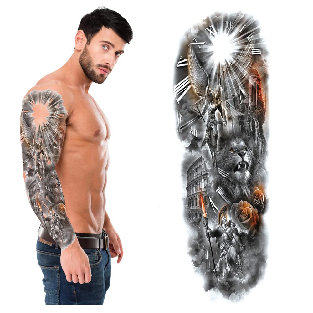 S.A.V.I Full Arm, Hand Temporary Tattoo, Lion Clock Wing Man Roses Design, Size 48x17CM - 1PC.