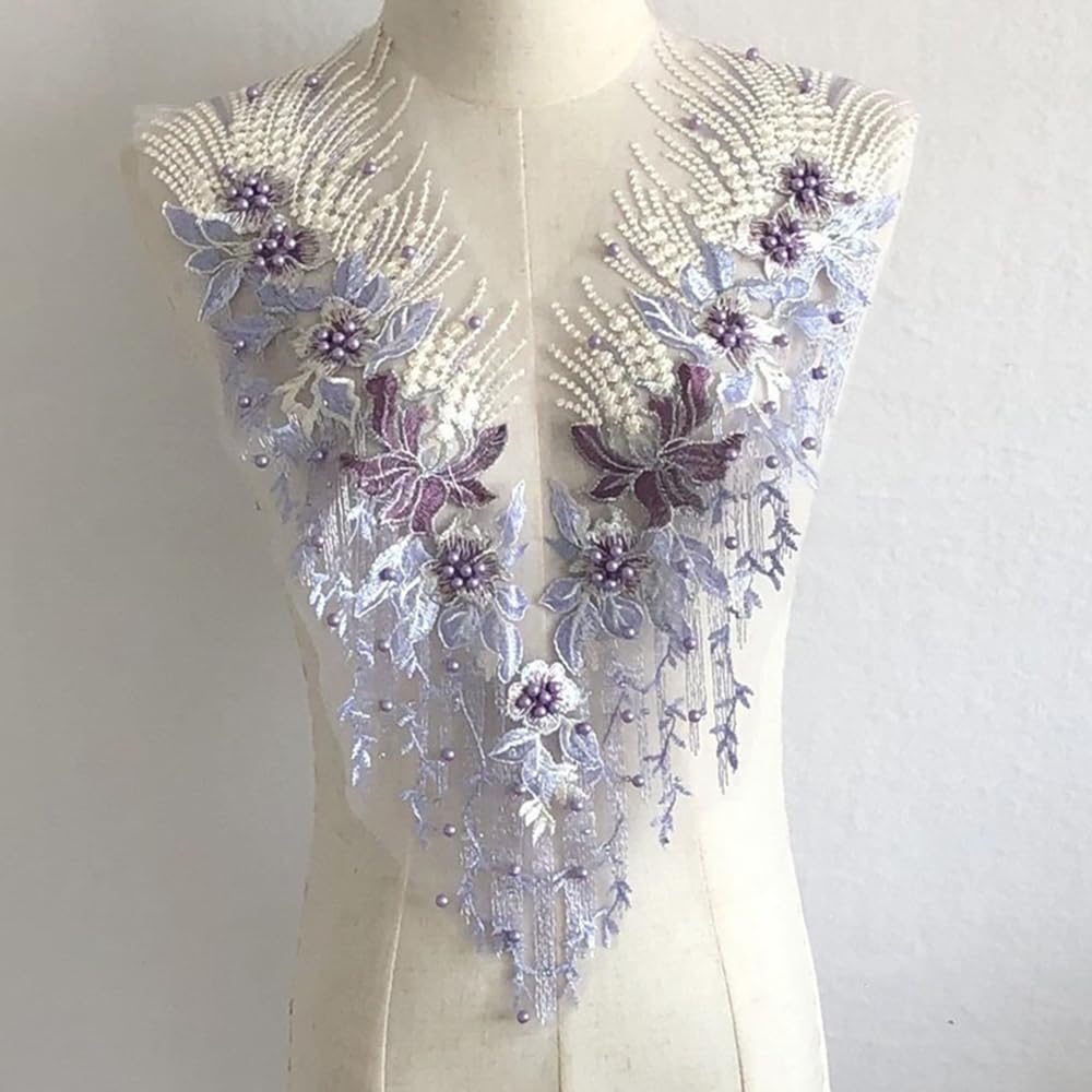 S.A.V.I 3D Embroidered Applique Patch – Purple Lavender Gold Pearl Mesh Lace – 55x28cm Sew-On Floral Motif for Bridal Wear, Lehenga, Saree, Blouse, Gown, Ethnic Dress DIY Craft Decoration