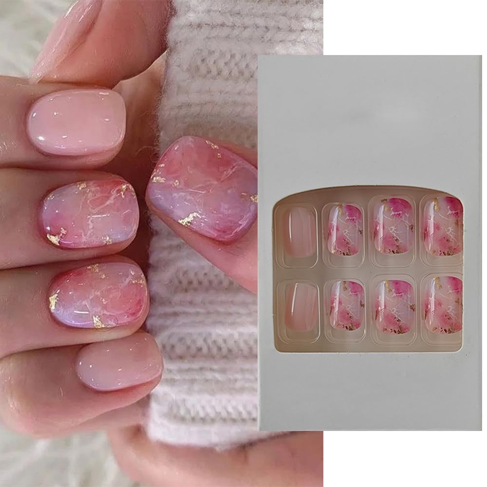 S.A.V.I 24 PCs Short Natural Shape Nude Pink Marble Design with Glitter Press-On Fake Nails | DIY Manicure | Reusable, Easy Application | For Home Salon