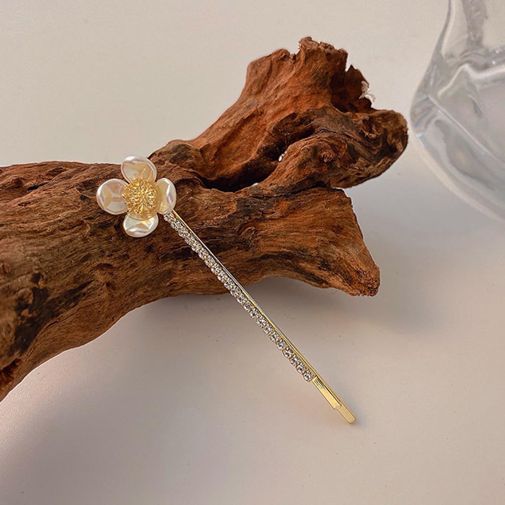 S.A.V.I 1 Pair Golden Flower Rhinestone Hairpins for Women & Girls | Elegant Pearl Bobby Pins | Stylish Hair Accessories for Party, Wedding, Daily | 6.8cm Floral Clips