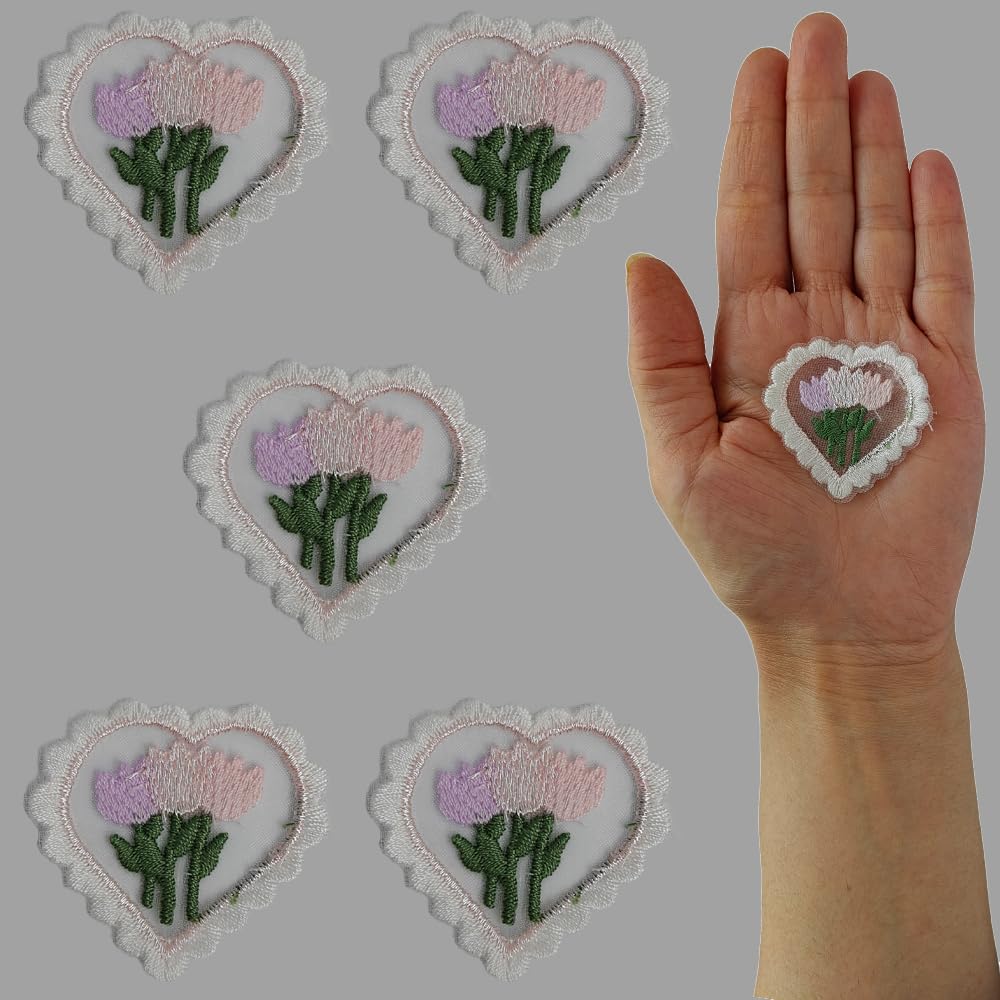 S.A.V.I Heart-Shaped Flowers Embroidered Appliqué Patches, Set of 5, Non-Adhesive - DIY Crafts for Clothes, Dresses, Accessories, Hats, Bags, Jackets