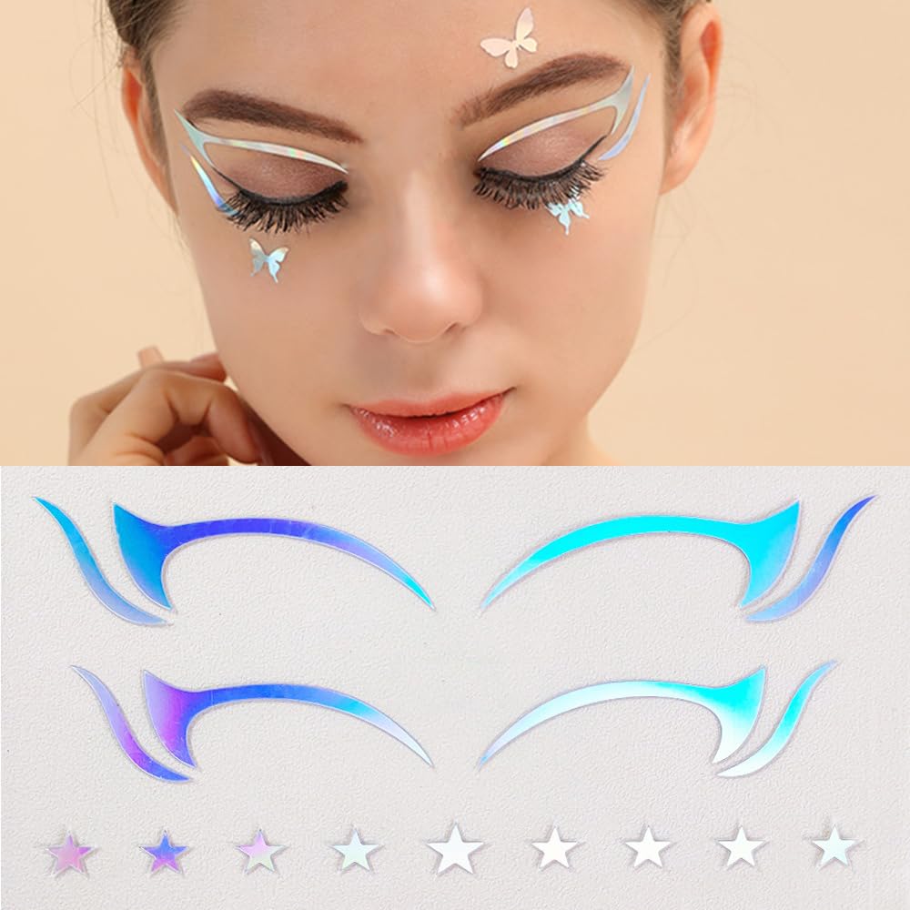 S.A.V.I 3 Pairs Holographic Silver AB Winged Star Eyeliner Stickers - Stunning Self-adhesive Eye Makeup Online