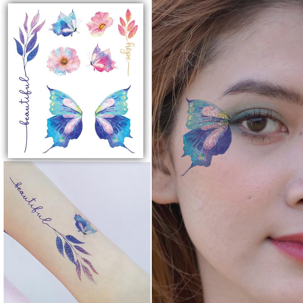 S.A.V.I Glitter Tattoo Sticker for Women - Waterproof Butterflies, Flowers Hope Text | Eye Face Body Makeup Decor