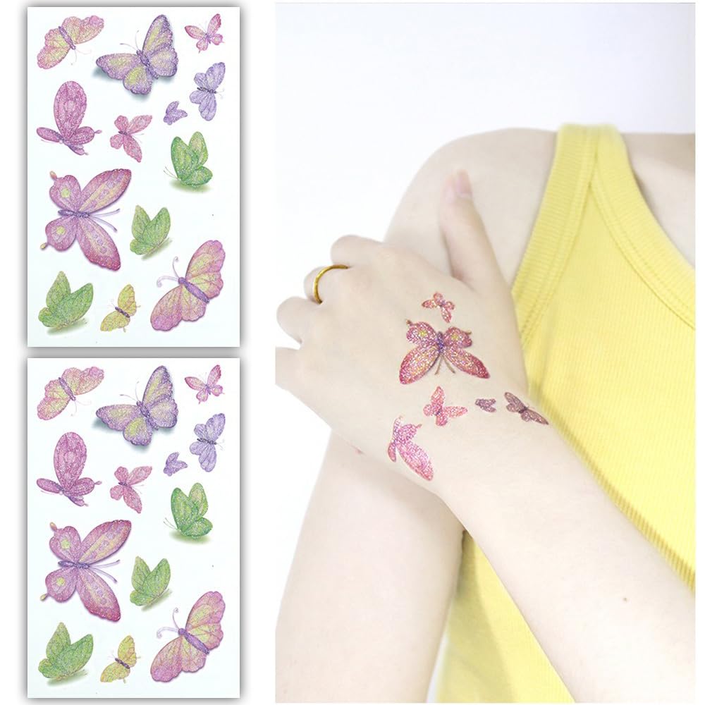S.A.V.I Glittery Butterfly Temporary Tattoo Sticker Sheets – 2 Multicolor Sparkling Designs in Purple, Pink Green – 12x7.5 cm – Easy Skin-Safe Tattoos for Kids Adults – Parties Festivals