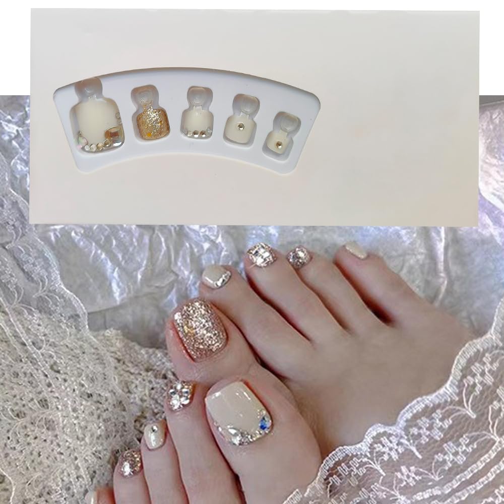 S.A.V.I 24pcs Nude Glitter 3D Crystal Press-On Toe Nails, Pedicure False Nails, Easy Application
