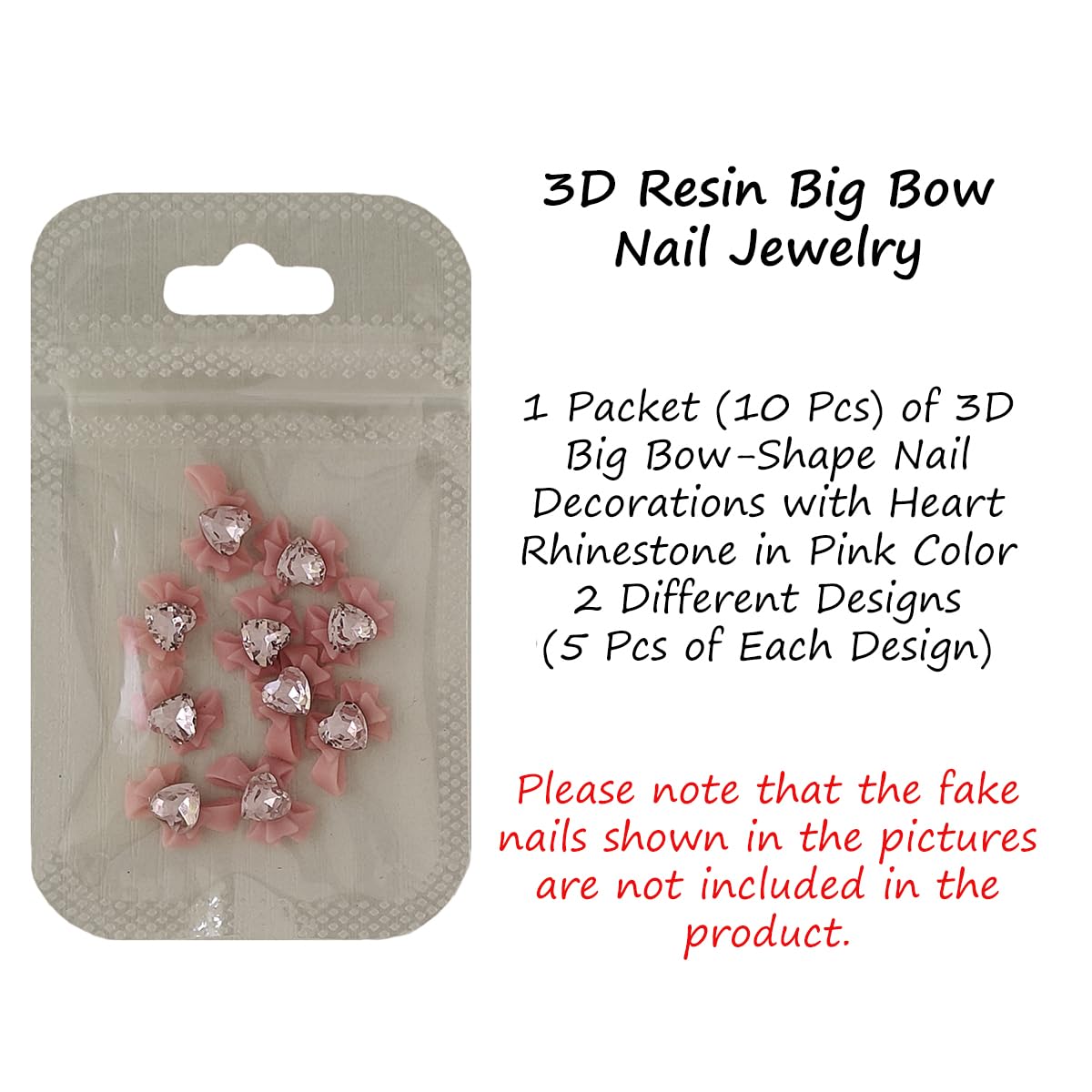 S.A.V.I 3D Pink Bow Nail Art Charms, Heart Rhinestone Resin, Pack of 10 – Big Bow Nail Accessories, 2 Designs, DIY Manicure Decorations for Girls & Women