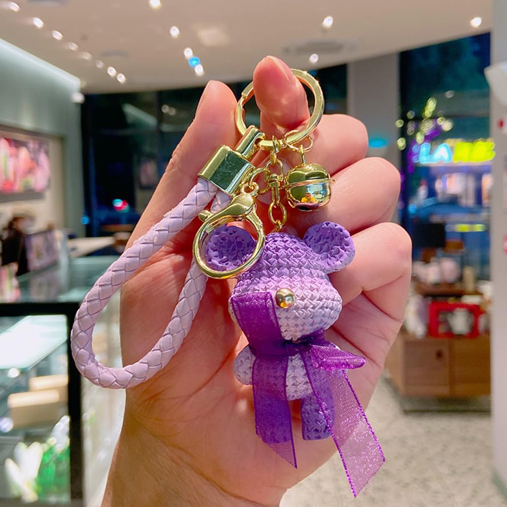 S.A.V.I Purple Teddy Bear Keychain | Resin Charm with Crochet Texture, PU Leather Strap & Golden Bell | for Girls, Women | Durable Metal Ring for Handbags, Car, Bike & Home Keys (Purple)