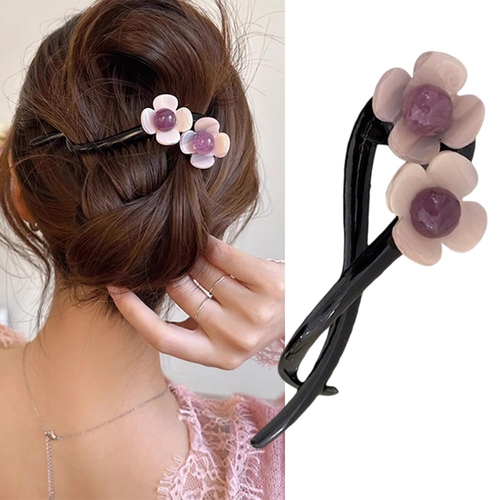 S.A.V.I Stylish 11cm Pink Floral Hair Clutcher for Women | Black Acrylic Hair Clip with Dual Flower Design | Strong Grip Clutch for Daily, Office, Casual & Party Hairstyles