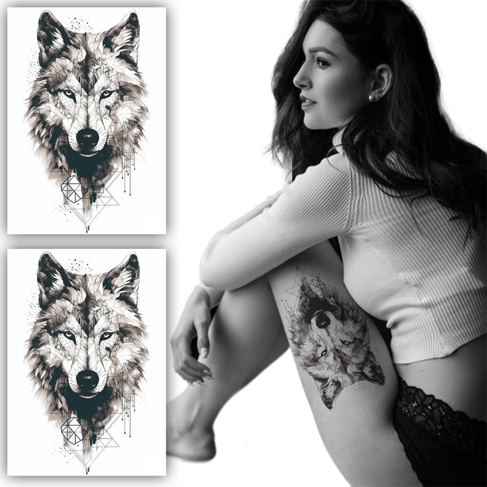 S.A.V.I 2PCS Geometric Wolf Temporary Tattoo Stickers - Abstract Art 22x15cm for Men Women