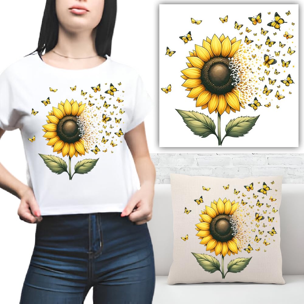 S.A.V.I Sunflower Butterfly Iron-On Heat Transfer Patch, 7.5x8 Inch – Washable DIY Sticker for T-Shirts, Hoodies, Denim, Bags, Pillows – Easy Application, Perfect for Custom Designs