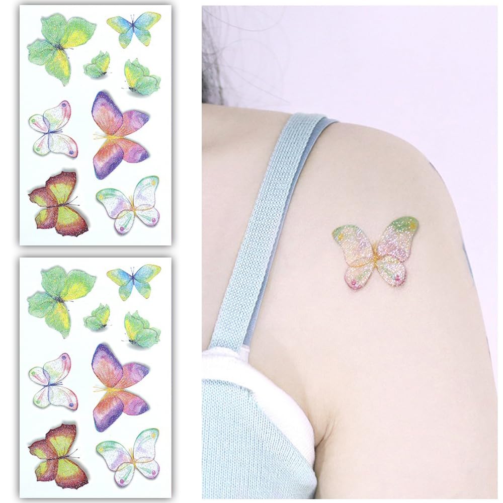 S.A.V.I 2 Sheets Glitter Butterfly Temporary Tattoo Stickers - Multicolor Shimmery Green, Purple, Yellow Pink Designs - Easy Apply, Long-Lasting Waterproof Body Art for Kids Adults - Party Event