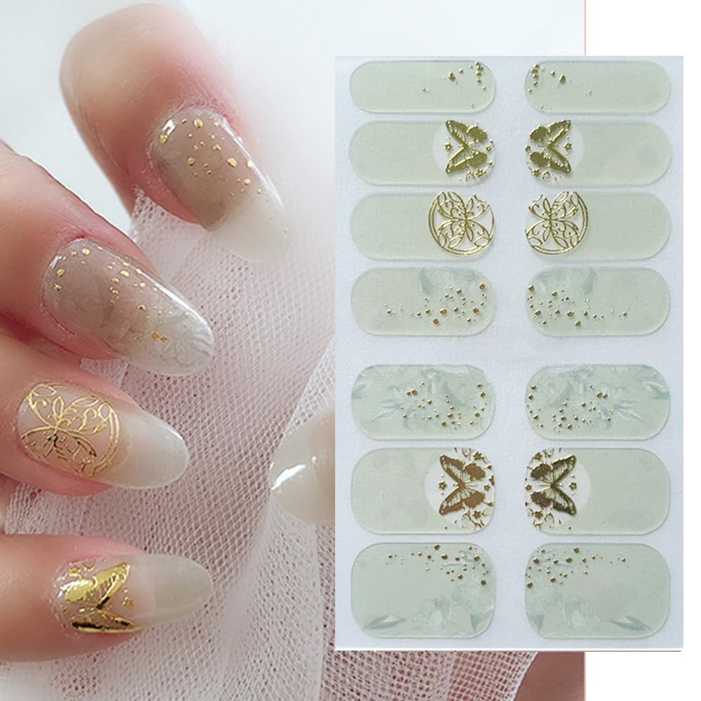 S.A.V.I 12-Piece Gel Nail Stickers – Light Green Golden Butterfly Print, Full Nail Art Decals, Quick Apply Long Lasting