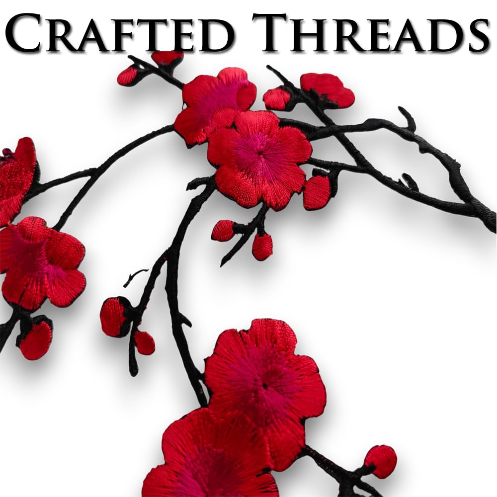 S.A.V.I 3D Red Cherry Blossom Embroidered Iron-On Patch for Clothes | Floral Appliqué for Sarees, Kurtis, Jackets & DIY | 7x6.1 inch| Heat Press Pre-Glued Fabric Patch for Repair & Decoration