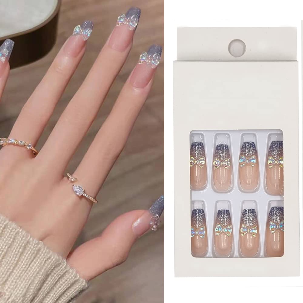 S.A.V.I 24 PCs Grey Glitter 3D Bow Aurora Color Manicure Easy Ready to Use Fake False Nails for Women Girls with glue - Long-Lasting Trendy