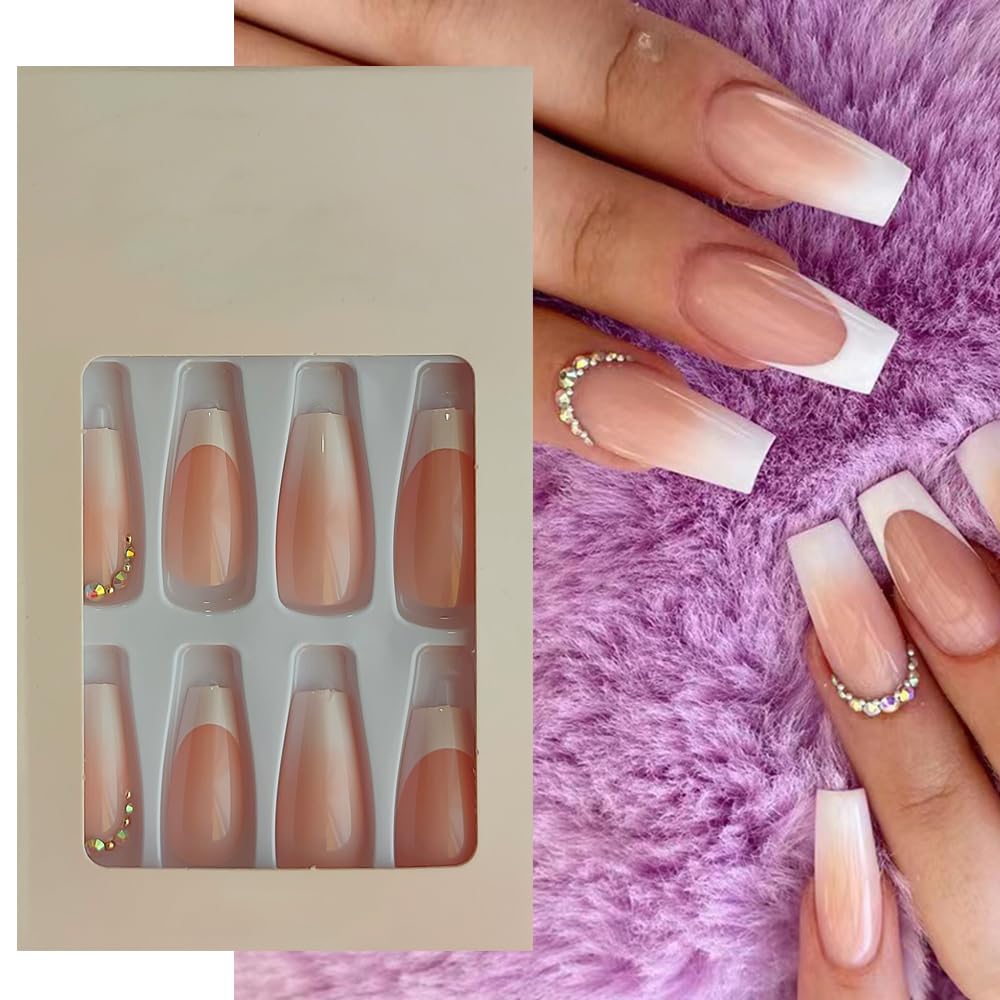 S.A.V.I 24Pcs Nude White Ombre Coffin Fake Nails - 3D Crystal, Long Press-On Manicure with Adhesive Glue