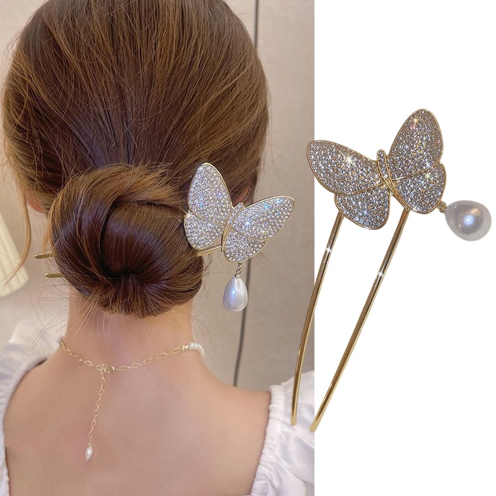 S.A.V.I 1pc Elegant Gold Butterfly Hairpin with Rhinestone Detailing Hanging Pearl | Stylish Hair Accessory for Women Girls | Perfect for Weddings, Parties, Festive Looks