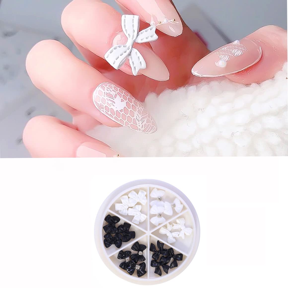 S.A.V.I Big 3D Bow, 6 Grids Wheel, Nail Fashion Accessories, Black White Decoration, DIY Manicure for Girls Women